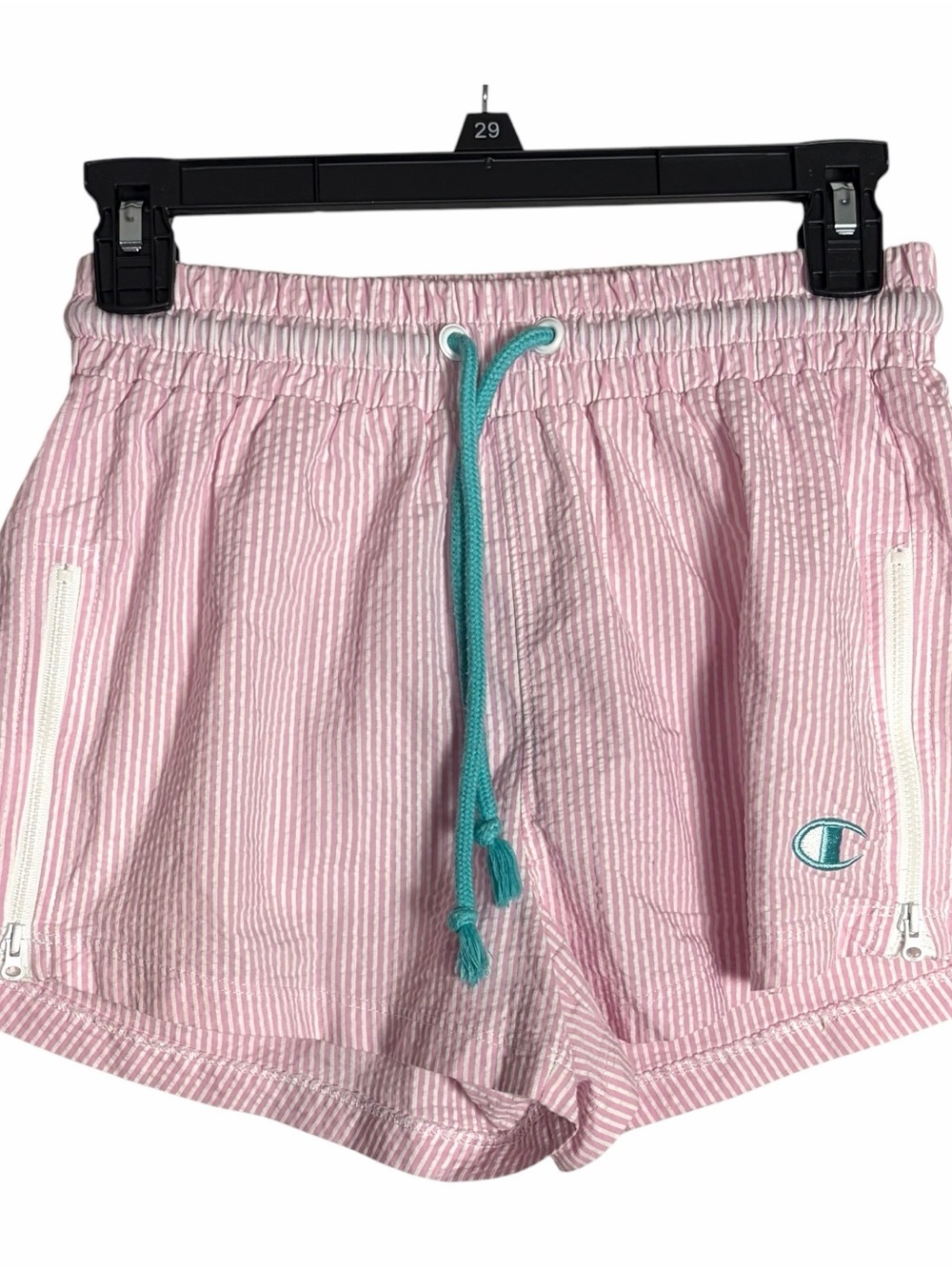 Champion Life Pink Seersucker Shorts Size XS Drawstring Waist Logo Zipper Detail